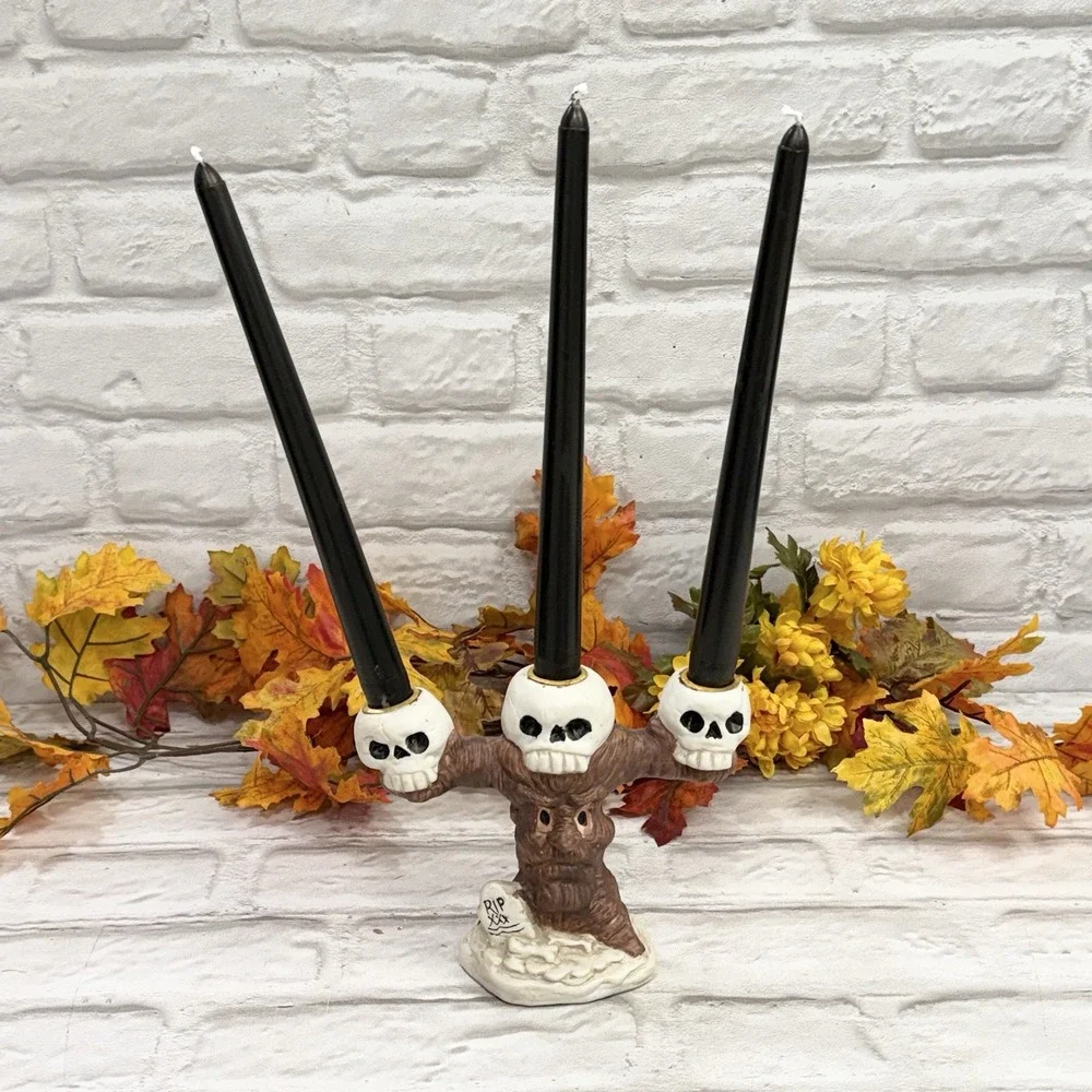 Halloween Spooky Tree Skull Candleholder Ceramic Candelabra Vintage Halloween